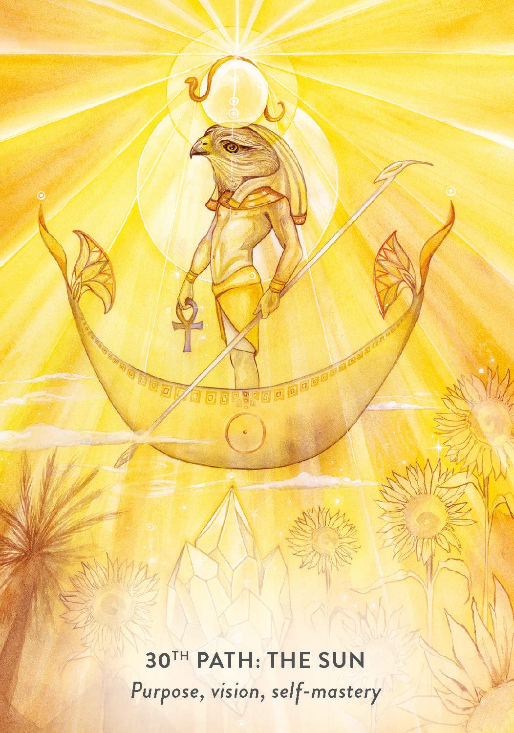 Card with a golden figure on a crescent moon against a bright yellow background, labeled '30th Path: The Sun'.