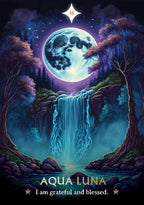 Magical forest scene with a waterfall, moon, and trees under a starry sky. 'Aqua Luna' text at the bottom.
