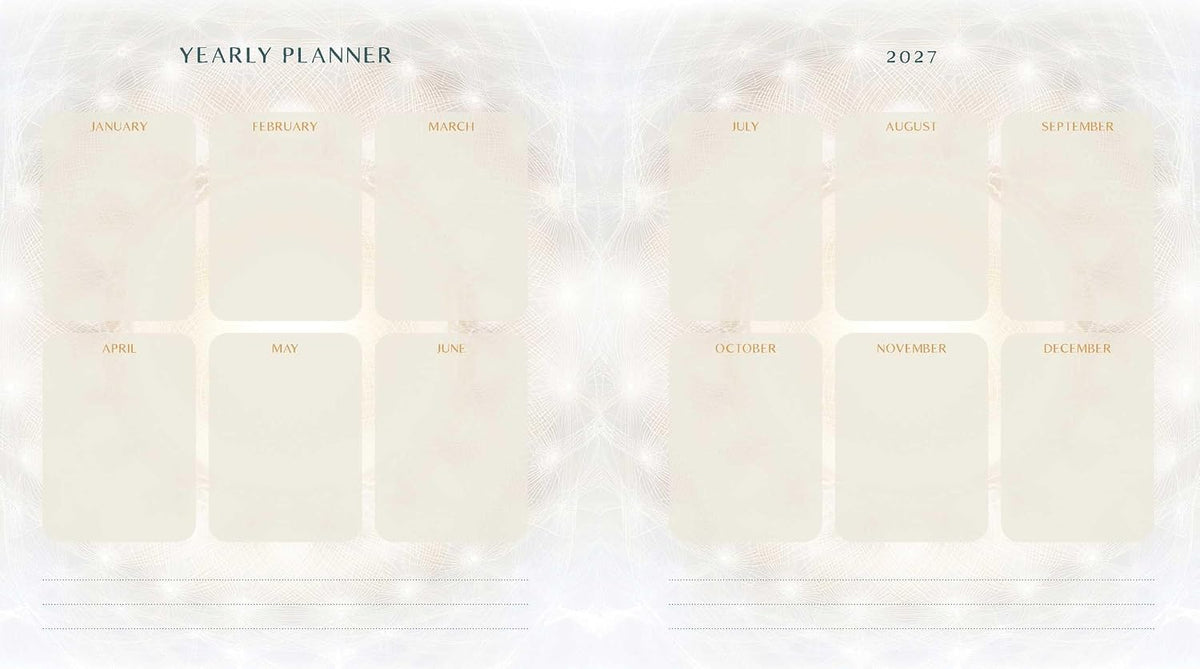 A yearly planner page spread for 2027, featuring blank monthly boxes for each month with elegant gold text on a soft, light cream background with faint floral details.