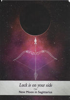 Astrological card with a bow and arrow design and text 'Luck is on your side New Moon in Sagittarius' against a starry night sky background.