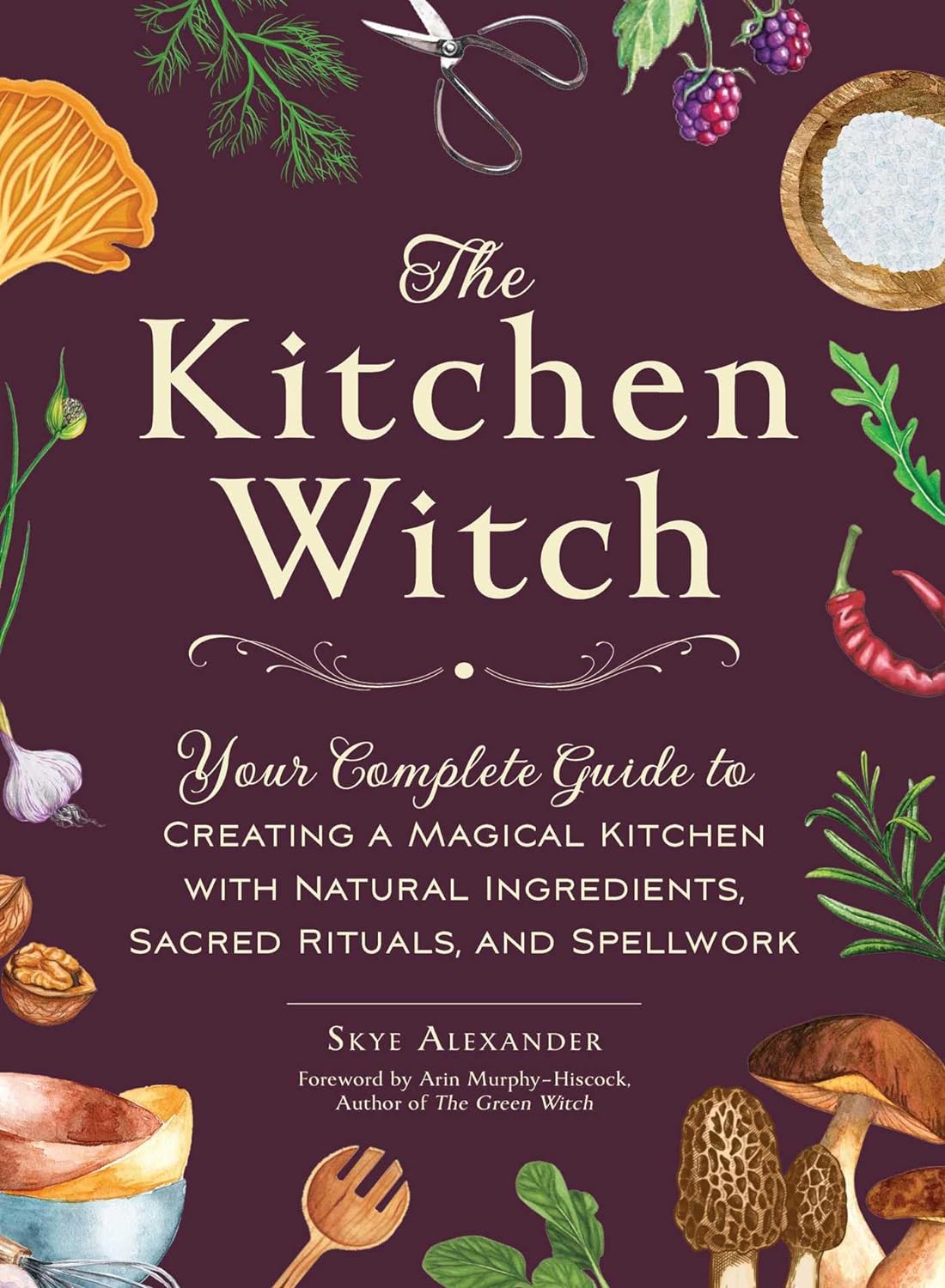 Book cover of 'The Kitchen Witch' with ingredients and tools on a dark background