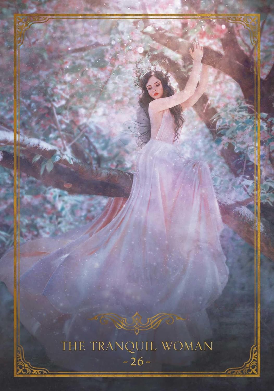 Woman in a flowing dress sitting on a tree branch with cherry blossoms, titled 'The Tranquil Woman'.