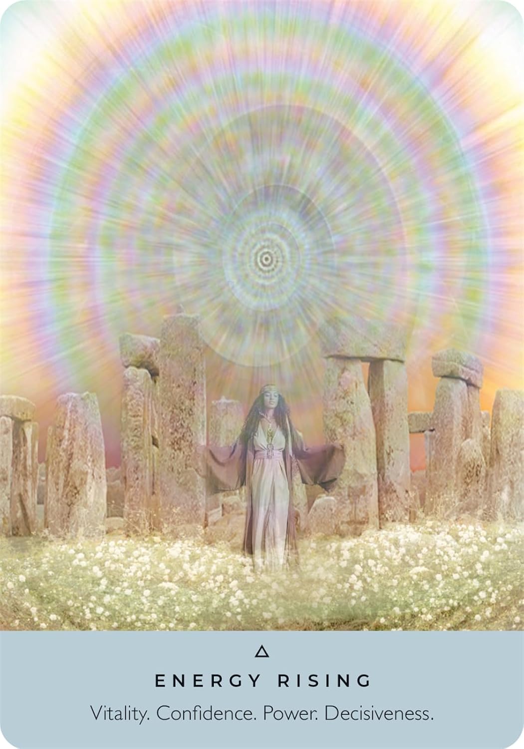 Person standing in front of Stonehenge with a colorful circular design and rainbow, labeled 'Energy Rising'.