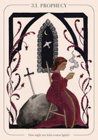 Tarot card titled 'Prophecy' featuring a woman in a red dress holding a green cup, with decorative elements and text.