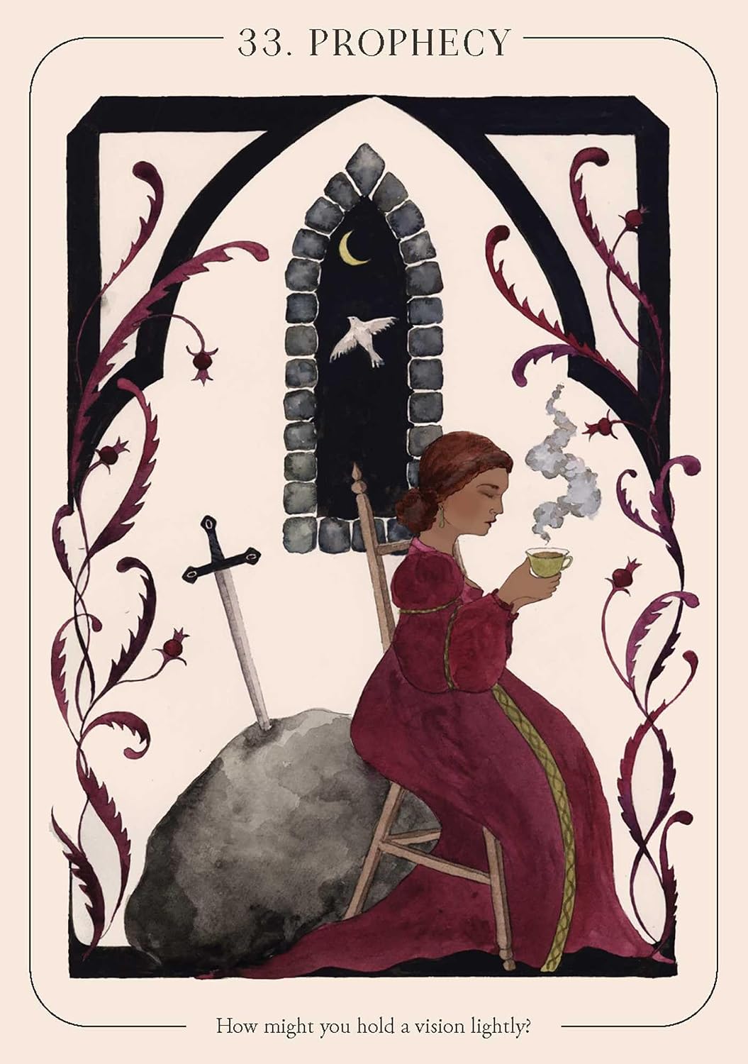 Tarot card titled 'Prophecy' featuring a woman in a red dress holding a green cup, with decorative elements and text.