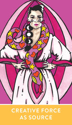 Illustration of a woman with colorful scarf and text 'Creative Force as Source' on a pink background