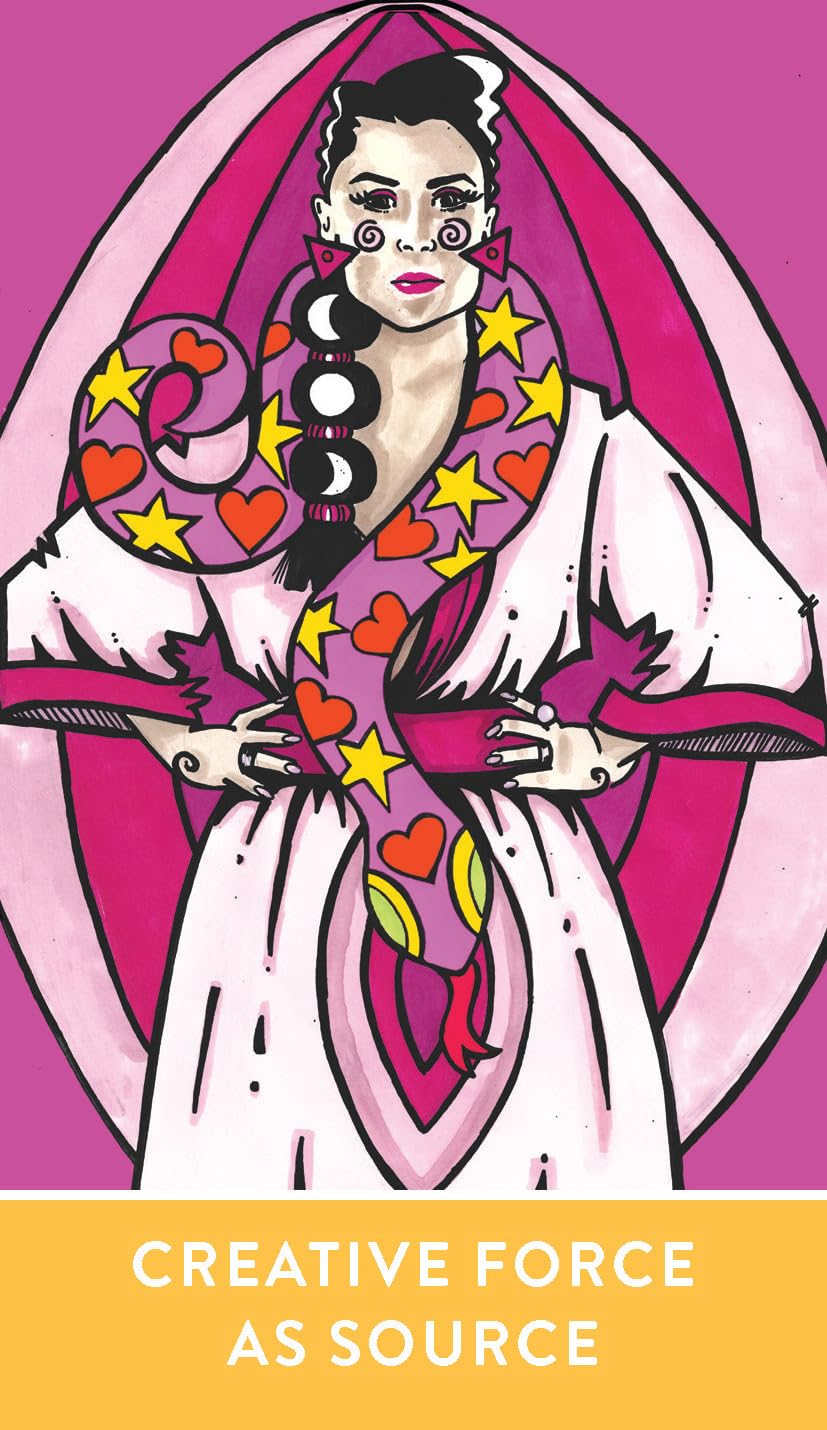 Illustration of a woman with colorful scarf and text 'Creative Force as Source' on a pink background