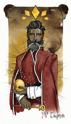 Illustration of a bearded figure in a red robe holding a key, with a gold emblem in the background.