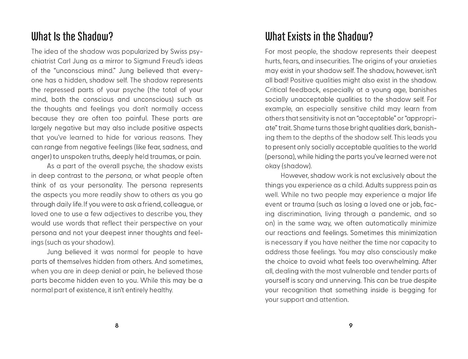 Two pages from a book or document discussing the concept of the shadow self, with text on a white background.