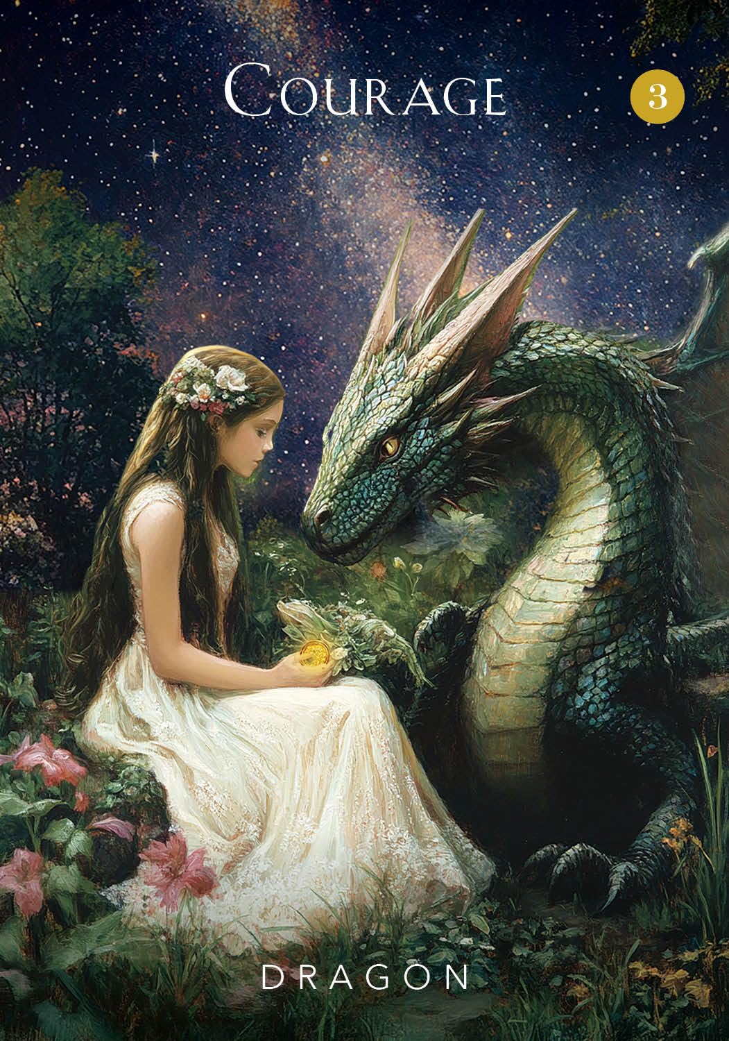 Book cover with a girl and dragon in a fantasy setting, titled 'Courage'.