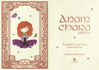Anam Chara Oracle card deck box cover by Saorsa Sionnach, published by Rick Fool. The cover features a cream-colored background with elegant copper-brown typography and a whimsical illustration of a red-haired girl meditating inside an ornate copper-brown border.