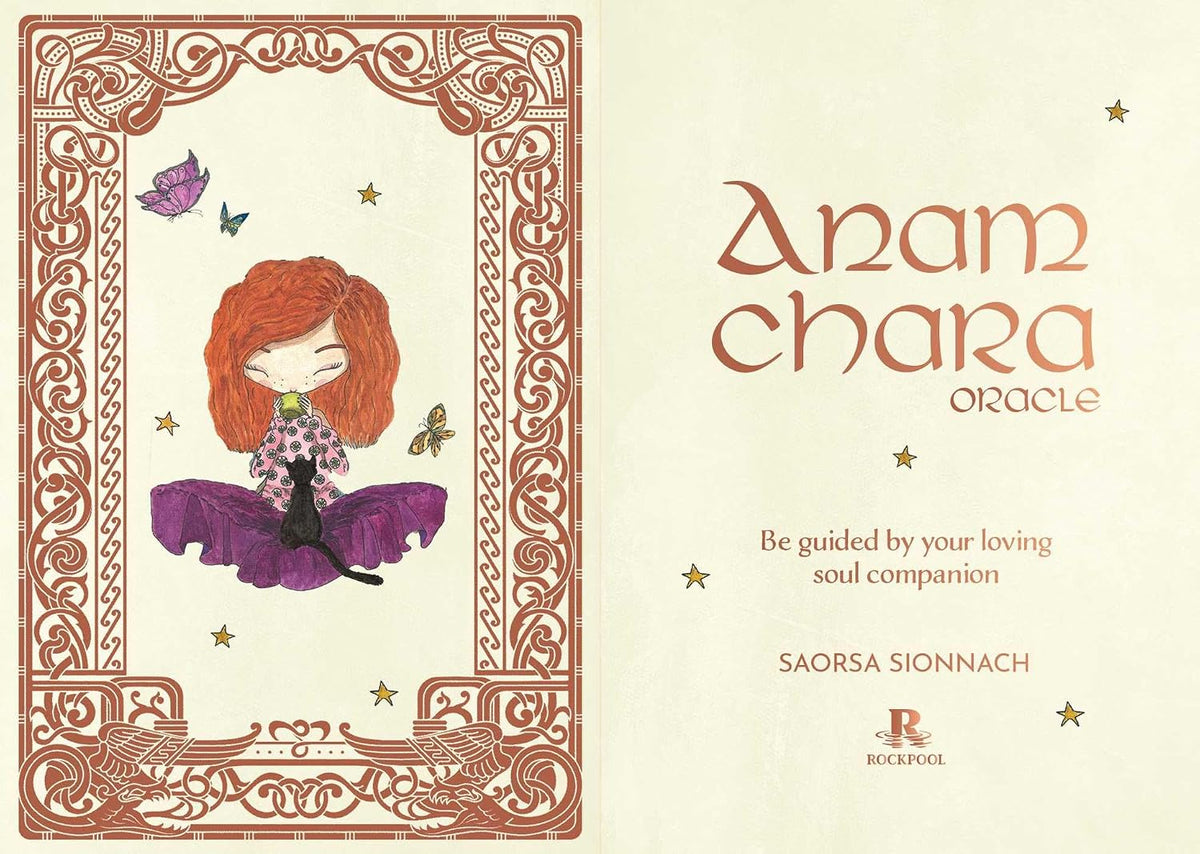 Anam Chara Oracle card deck box cover by Saorsa Sionnach, published by Rick Fool. The cover features a cream-colored background with elegant copper-brown typography and a whimsical illustration of a red-haired girl meditating inside an ornate copper-brown border.