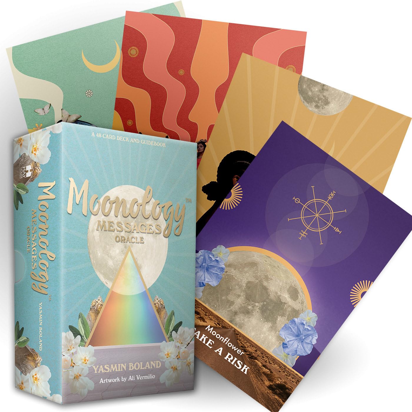 Collection of colorful tarot cards with 'Moonology' branding on a white background