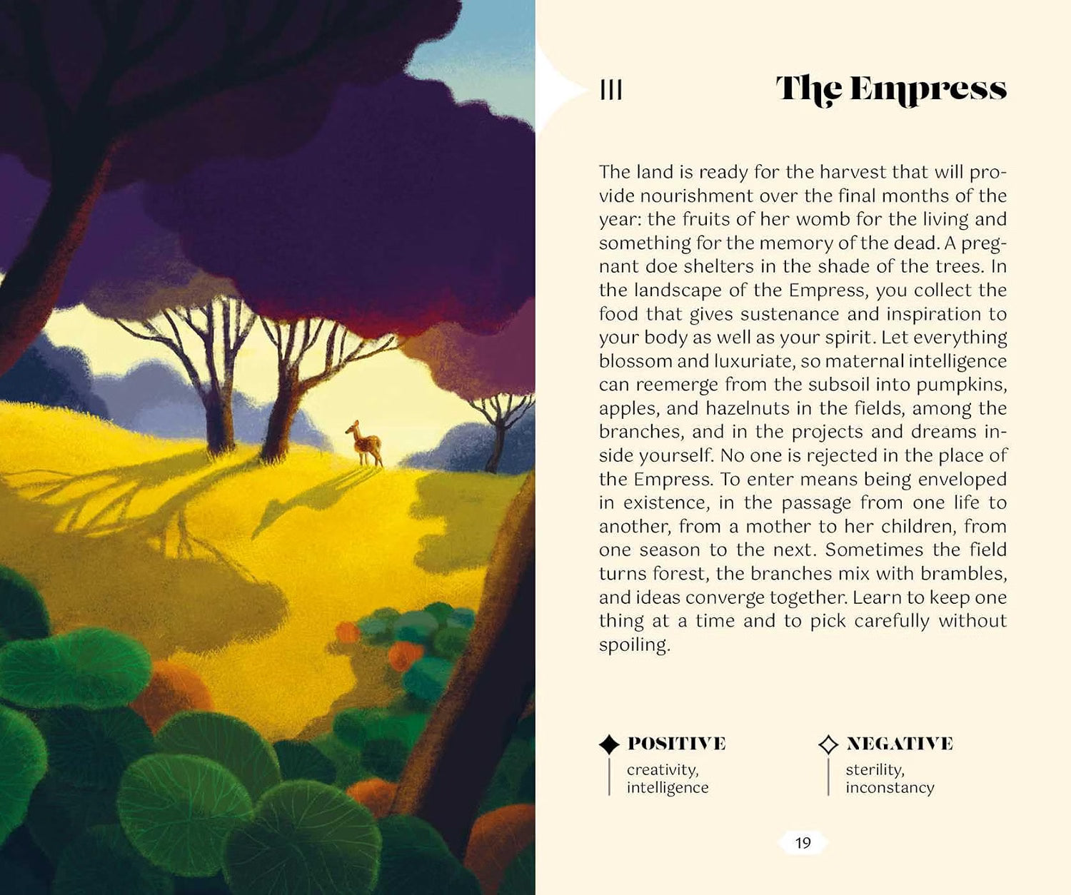 An interior page from a book featuring a stylized illustration of a deer standing in a forest on the left and a text column headed 'The Empress' on the right. The page includes decorative foliage and a deer rendered in deep purple, green, yellow, and brown tones.