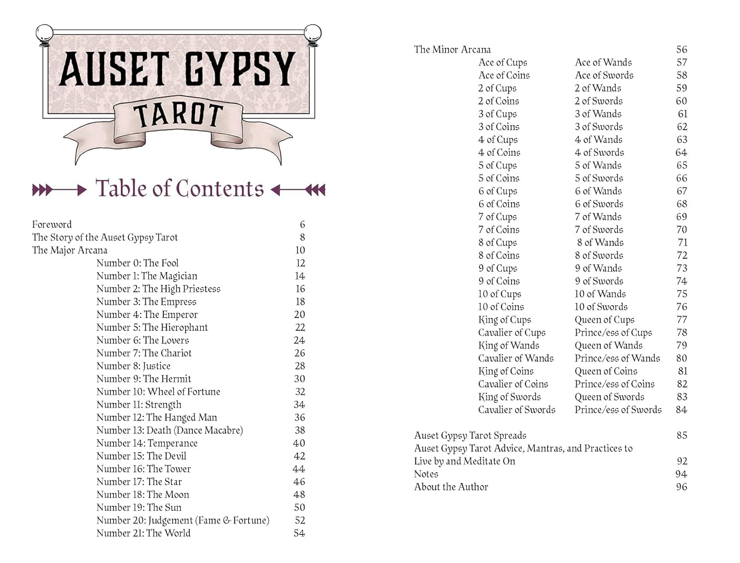 Table of contents for Auset Gypsy Tarot on a white background