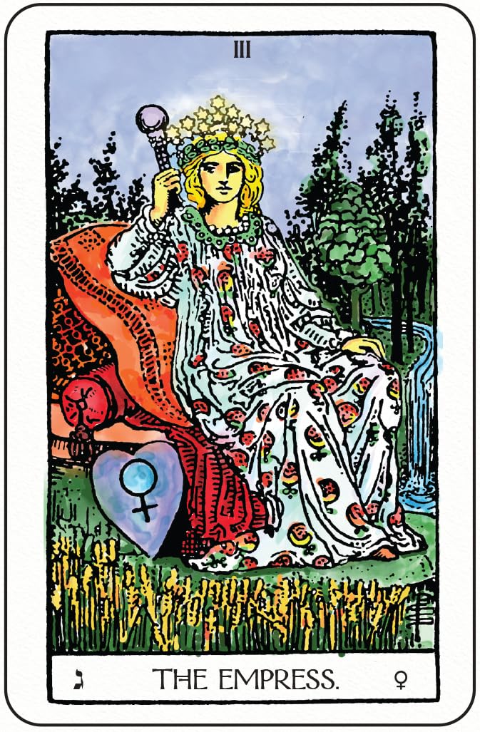 Tarot card featuring 'The Empress' with a woman in a floral dress and crown, holding a heart symbol.