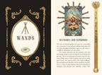 Decorative card with 'Ace of Wands' from a tarot deck, featuring ornate gold design and text.