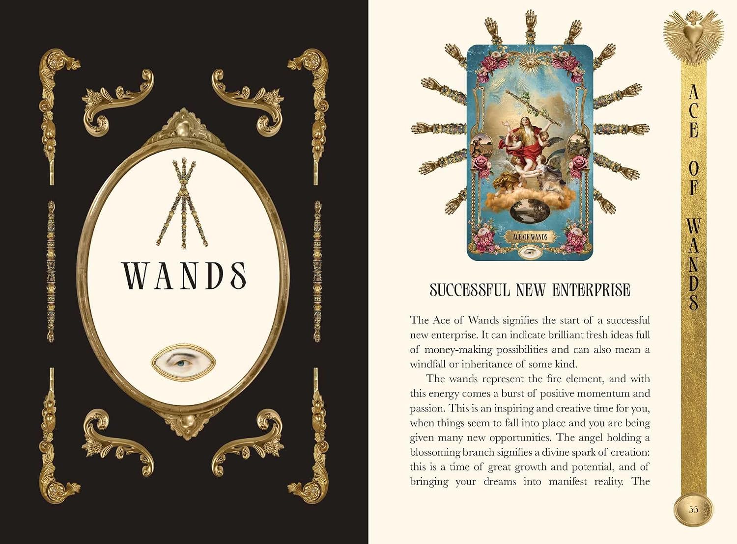 Decorative card with 'Ace of Wands' from a tarot deck, featuring ornate gold design and text.