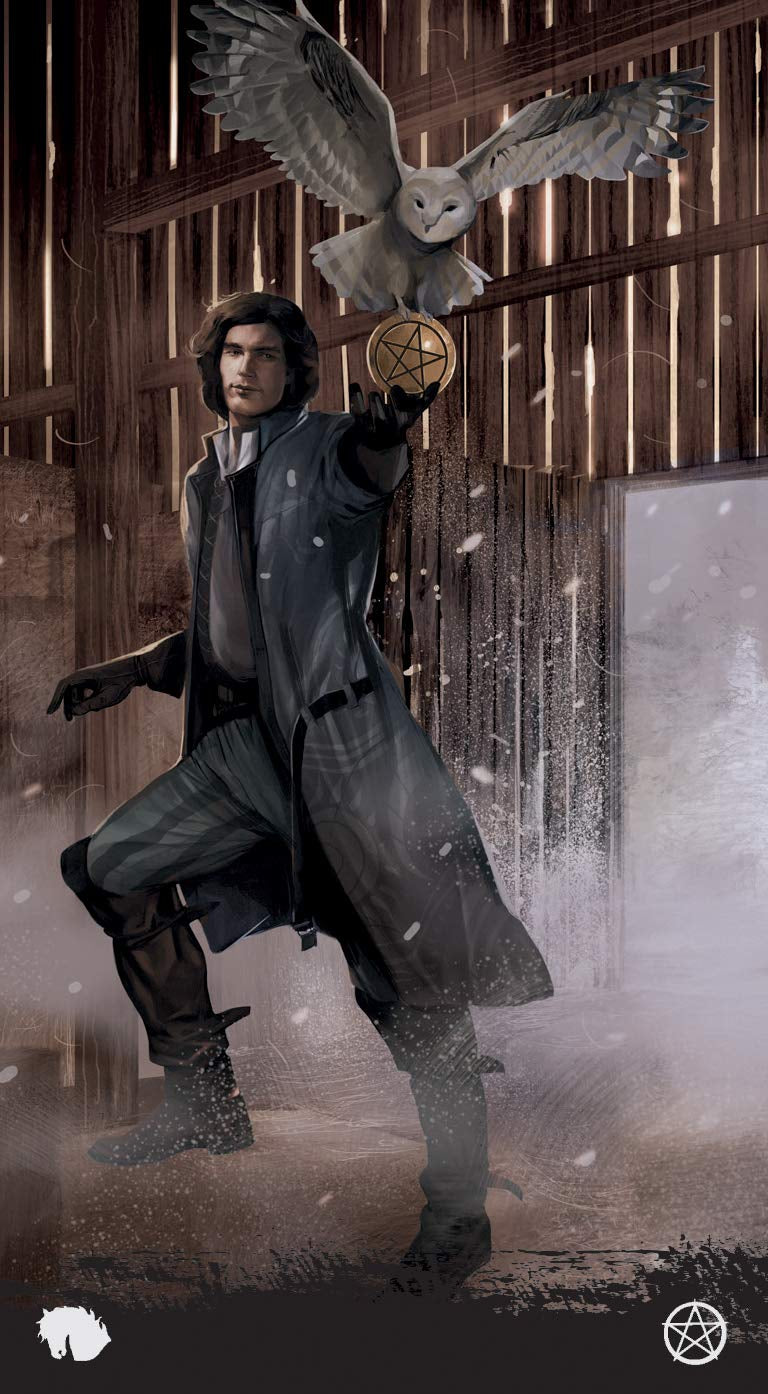 Person in a dark coat with an owl flying above, holding a pentacle, in a snowy, rustic setting.