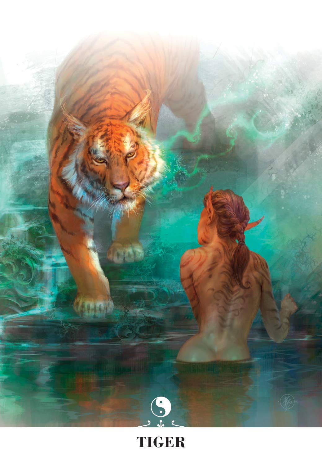 Tiger emerging from water with a person in the foreground, mystical atmosphere