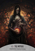 Grim reaper-like figure holding a glowing orb with a dark, fiery background.