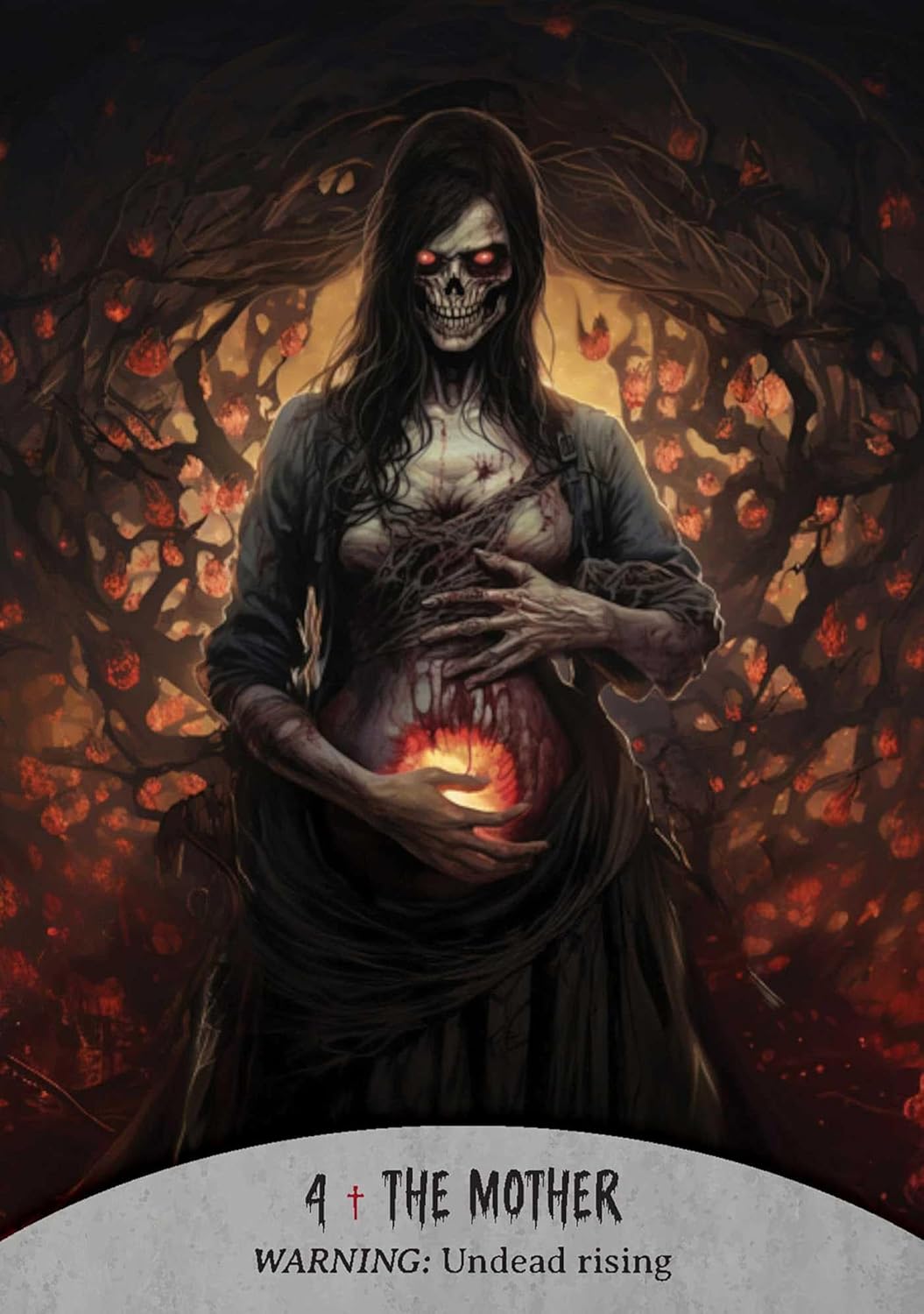 Grim reaper-like figure holding a glowing orb with a dark, fiery background.