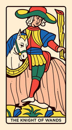 Card featuring 'The Knight of Wands' from a tarot deck, with a person on horseback holding wands.
