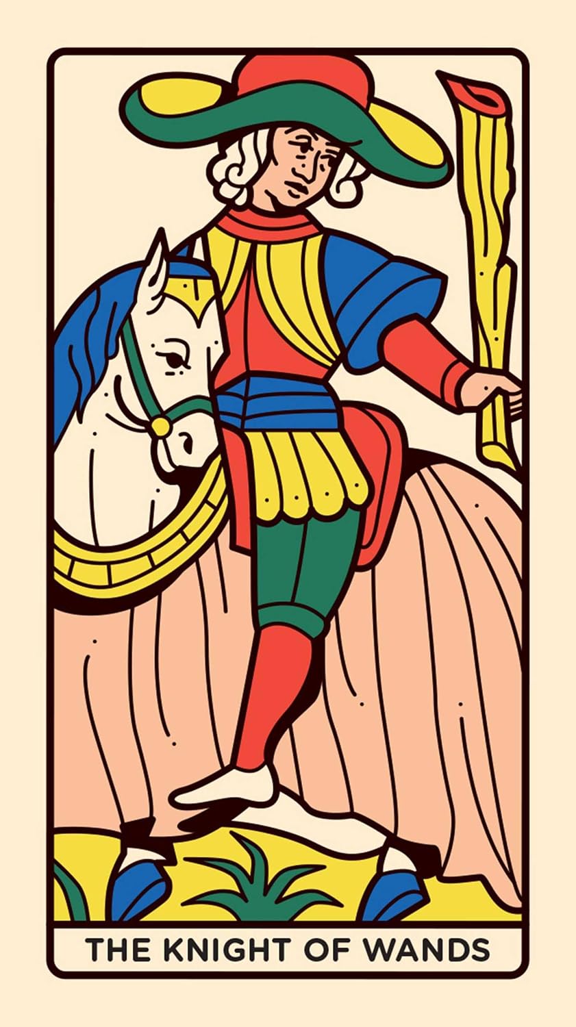 Card featuring 'The Knight of Wands' from a tarot deck, with a person on horseback holding wands.