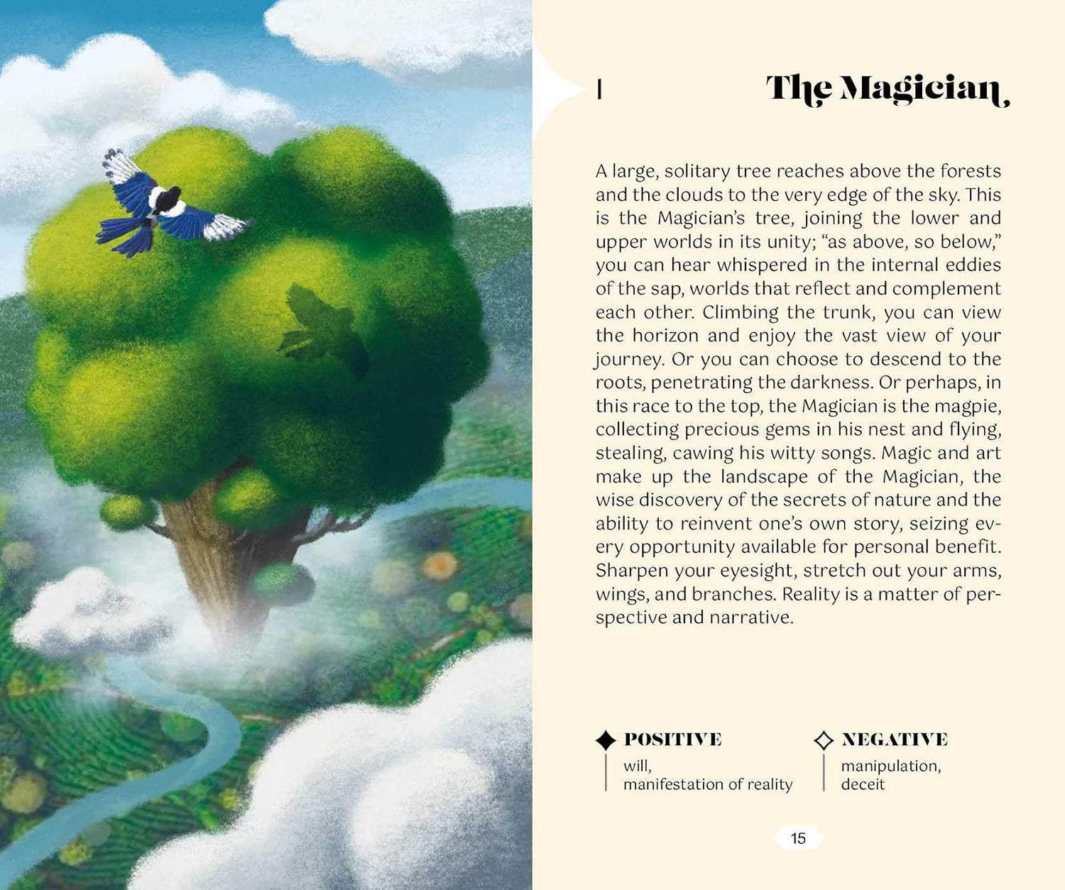 Illustration of a large tree with a bird perched on it, surrounded by clouds and nature, with text on the right side.