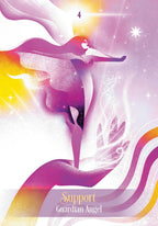Artistic depiction of a guardian angel with colorful abstract designs on a white background