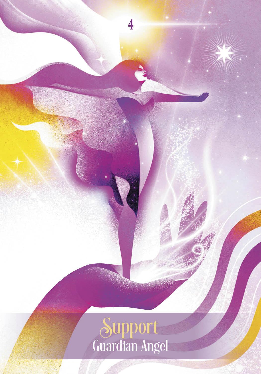 Artistic depiction of a guardian angel with colorful abstract designs on a white background