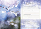 A split-page planner or journal cover design with a left side showing a close-up of a frosty branch with ice droplets against a soft blue and white bokeh background, and a right side with a lined monthly reflection page titled February.