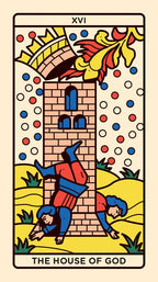 A stylized tarot card illustration titled 'XVI THE HOUSE OF GOD' showing a brick tower, colorful flying figures, and two figures on the ground, rendered in bold red, blue, yellow, black, and white on a cream background.