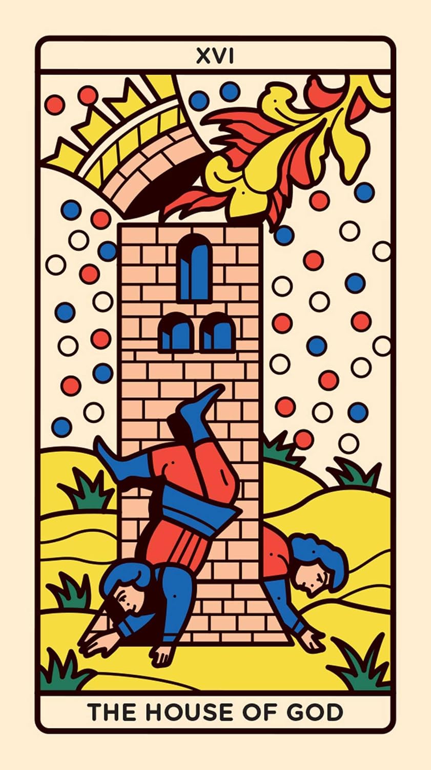 A stylized tarot card illustration titled 'XVI THE HOUSE OF GOD' showing a brick tower, colorful flying figures, and two figures on the ground, rendered in bold red, blue, yellow, black, and white on a cream background.
