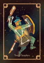 Illustration of a character holding scepters with a decorative border and text 'Ten of Scepters'.