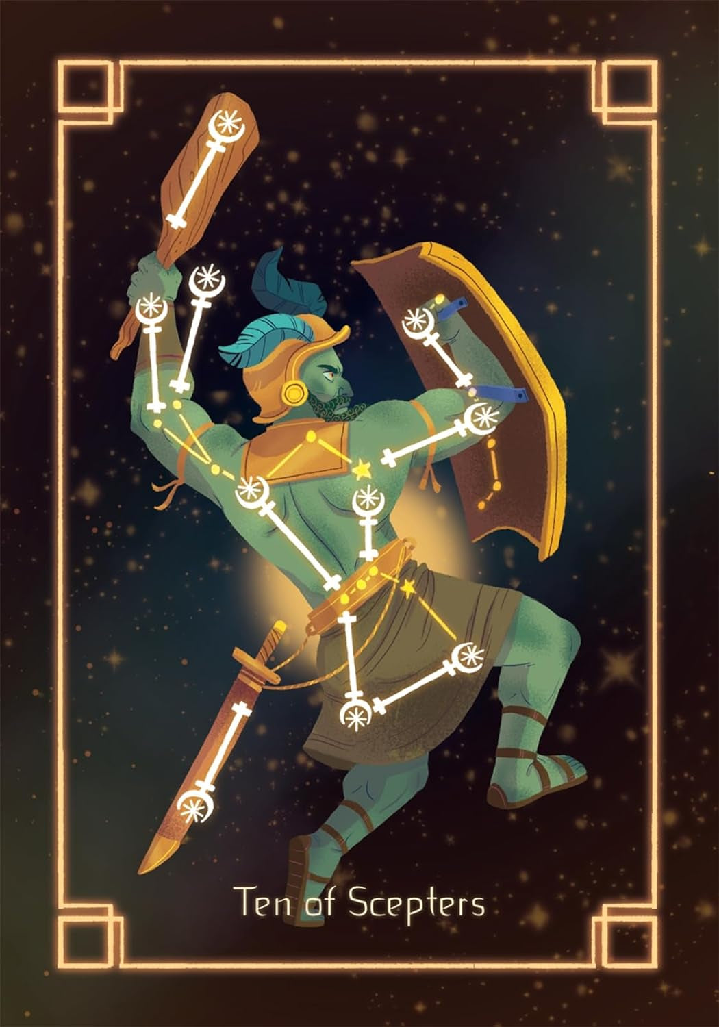 Illustration of a character holding scepters with a decorative border and text 'Ten of Scepters'.