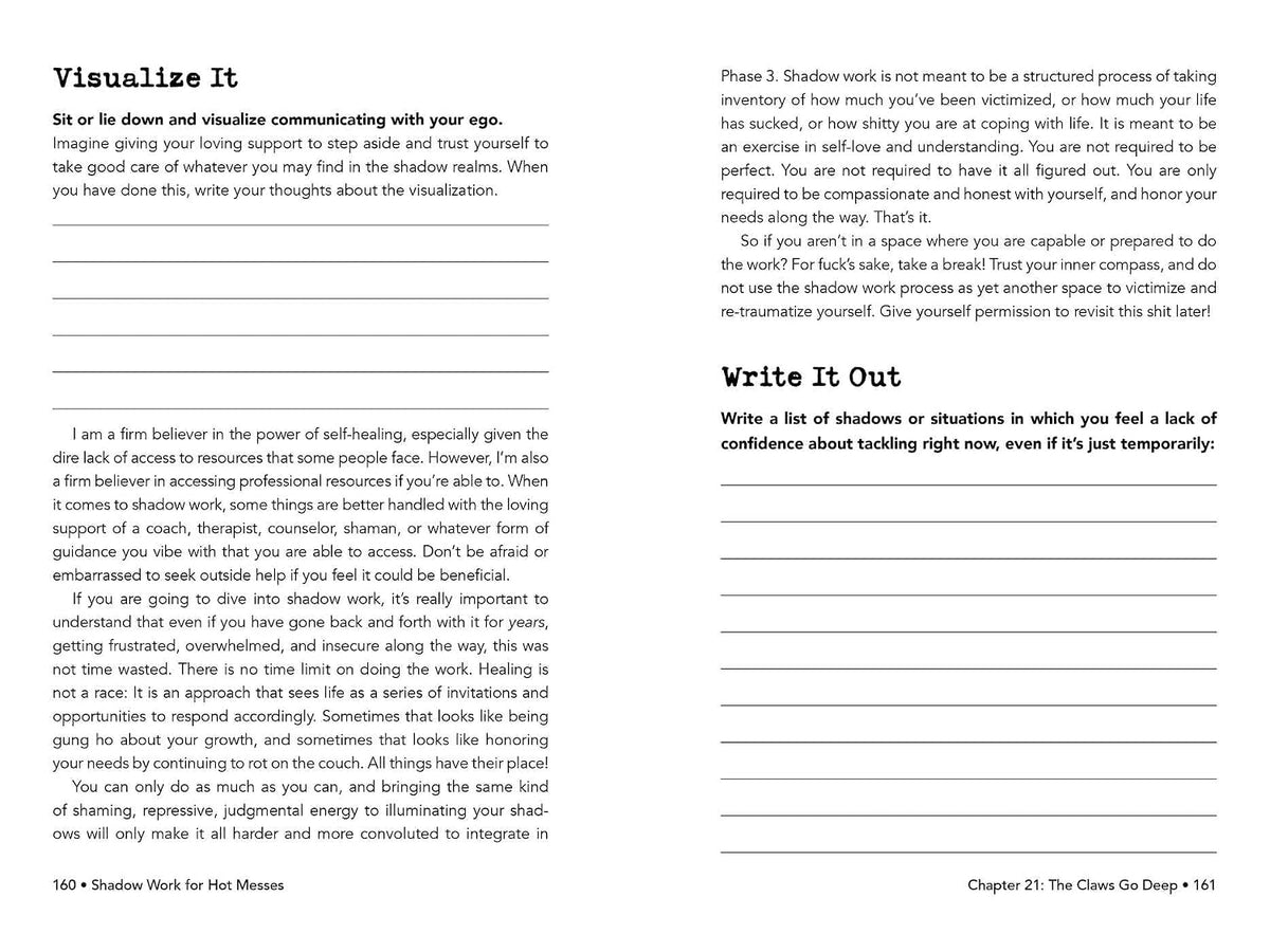 A printed worksheet or booklet page with the title 'Visualize It' at the top, multiple paragraphs of black text, and a blue header reading 'Write It Out' with a checklist prompt. The page is photographed against a white background.