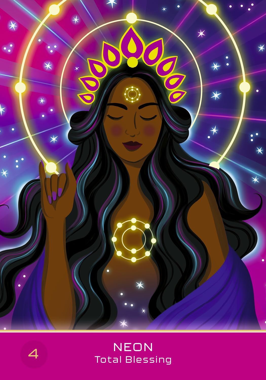 Neon illustration of a woman with glowing accessories against a starry background