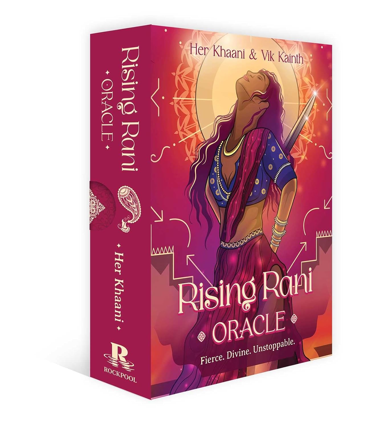 Rising Rani Oracle card box with a stylized illustration of a woman on a pink background
