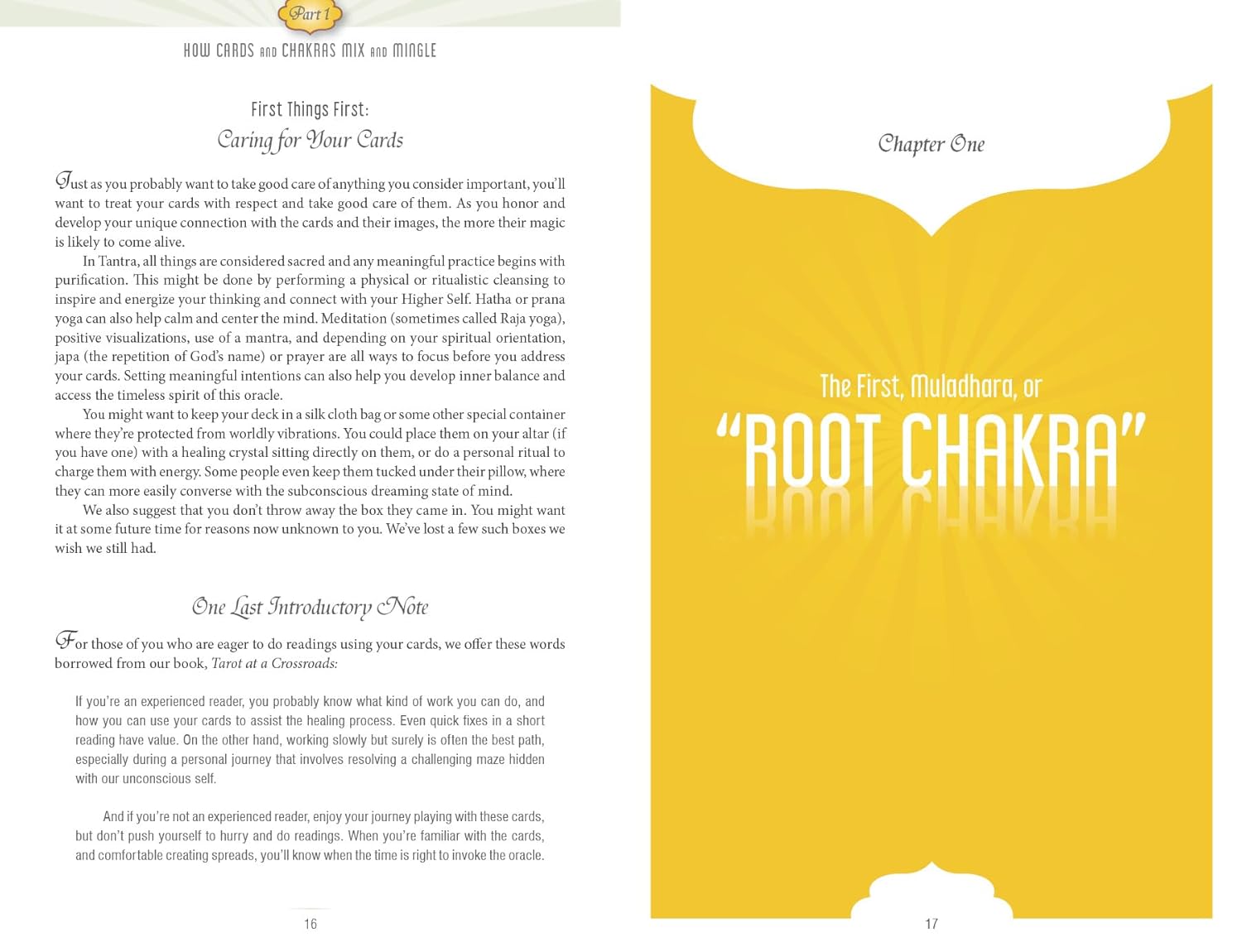 Book page with text and a yellow section titled 'Chapter One: The First, Muladhara, or Root Chakra'.