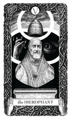 Card titled 'The Hierophant' featuring a bust of a religious figure with ornate details and a decorative border.