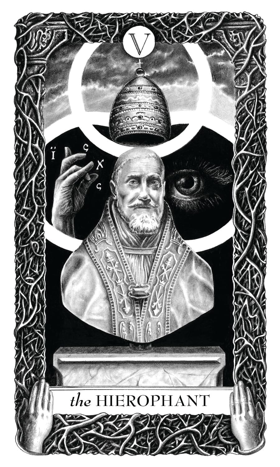 Card titled 'The Hierophant' featuring a bust of a religious figure with ornate details and a decorative border.
