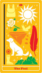 Card from a tarot deck with symbols including a sun, rose, dog, and feather on a yellow background.