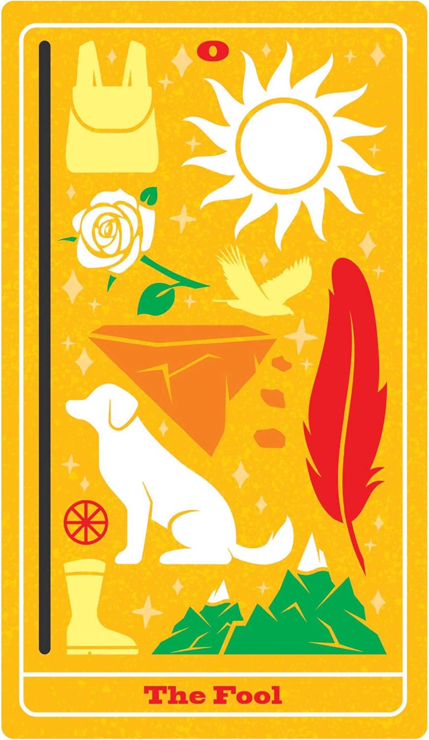 Card from a tarot deck with symbols including a sun, rose, dog, and feather on a yellow background.