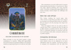 Card from a tarot deck with an illustration of a figure holding a staff, surrounded by nature elements, on a page from a book or guide.