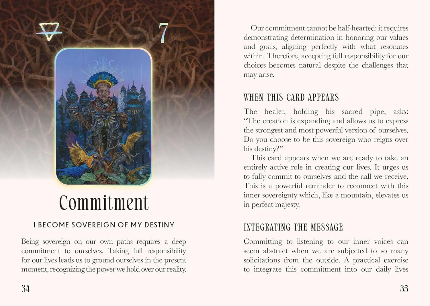 Card from a tarot deck with an illustration of a figure holding a staff, surrounded by nature elements, on a page from a book or guide.