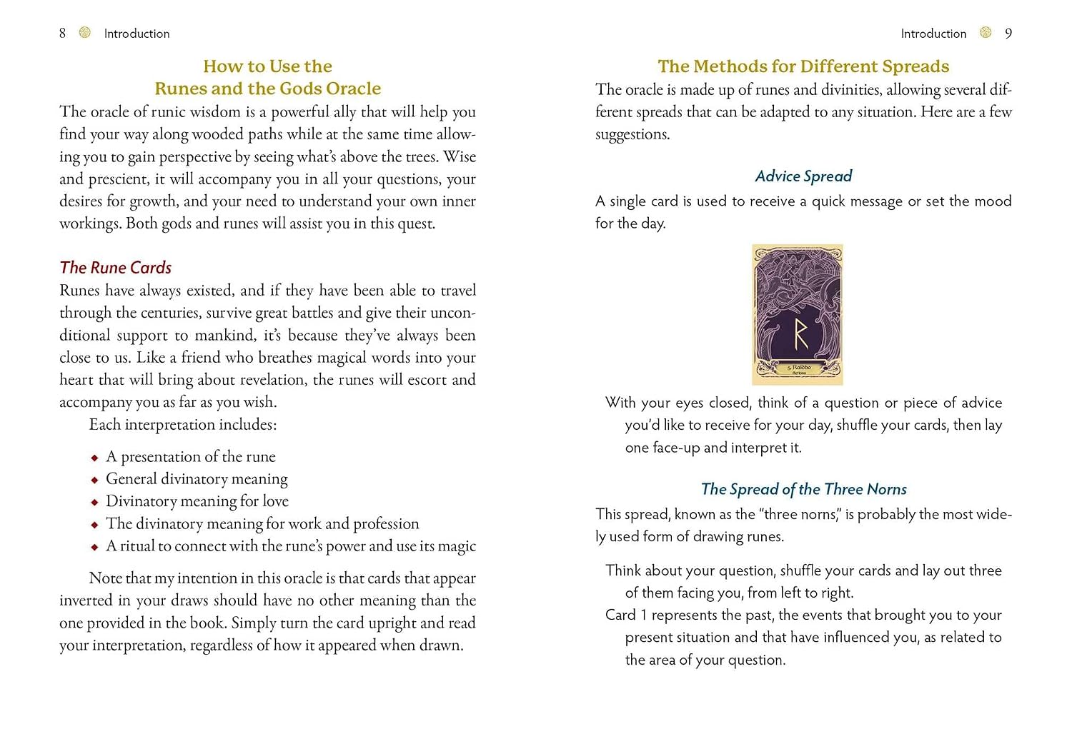 A page from a book titled 'The Runes and the Gods Oracle' showing explanatory text about how to use the oracle, including sections on 'The Methods for Different Spreads,' 'Advice Spread,' and 'The Spread of the Three Noms,' with a small illustration of a spread of three named runes.