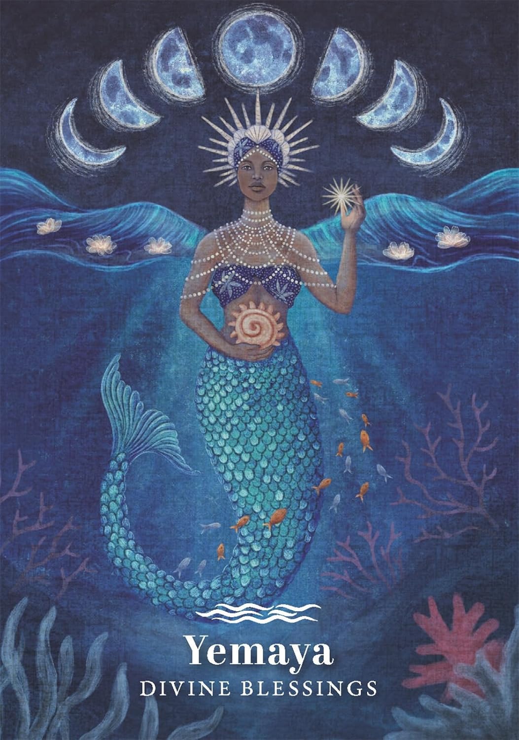 Mermaid-like figure with solar and lunar symbols, holding a star, against a dark blue ocean background.