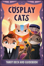 Cover of 'Cosplay Cats' tarot deck and guidebook with cartoon cats in various poses.