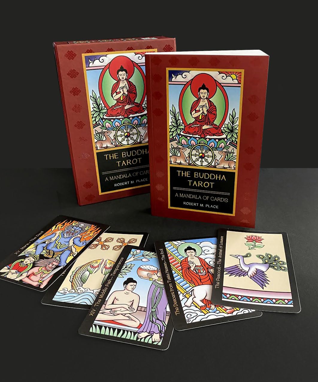 Buddha Tarot cards with colorful illustrations on a dark background